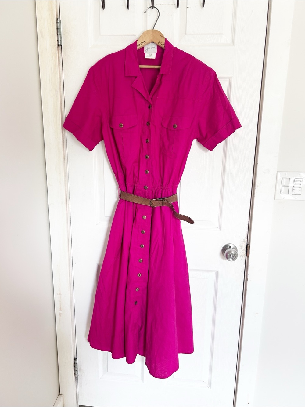 Jessica Fuchsia Button-Front Cotton Shirt Dress with Belt & Pockets Size 18